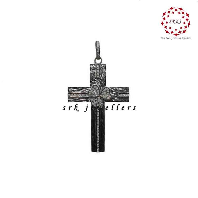 Cross Pendant With Pave Diamond Layers, Cross With Small Flower Pendant, Silver Jewelry