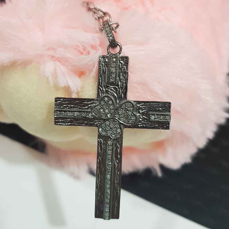 Cross Pendant With Pave Diamond Layers, Cross With Small Flower Pendant, Silver Jewelry