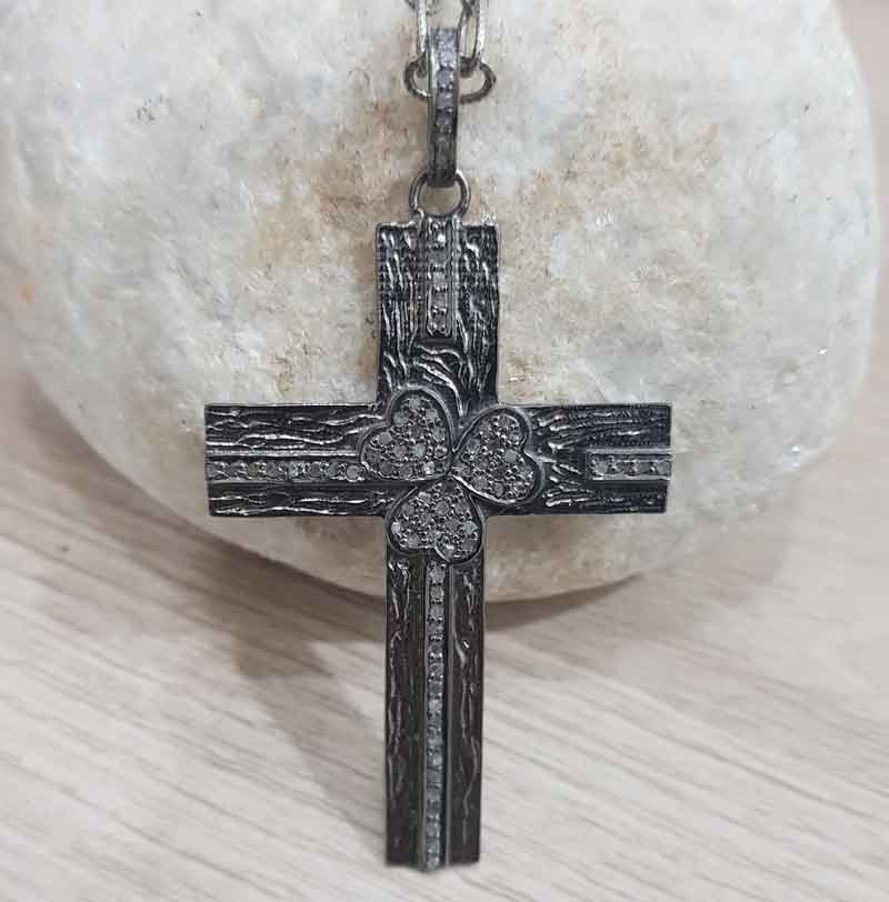 Cross Pendant With Pave Diamond Layers, Cross With Small Flower Pendant, Silver Jewelry