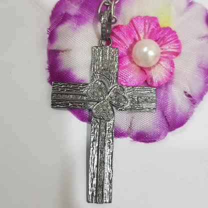 Cross Pendant With Pave Diamond Layers, Cross With Small Flower Pendant, Silver Jewelry