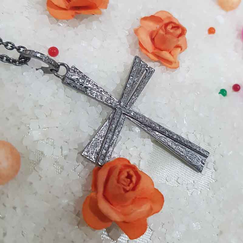 Stunning Fancy Designer Pave Diamond Cross Pendant, Christmas Gift, Silver Jewelry