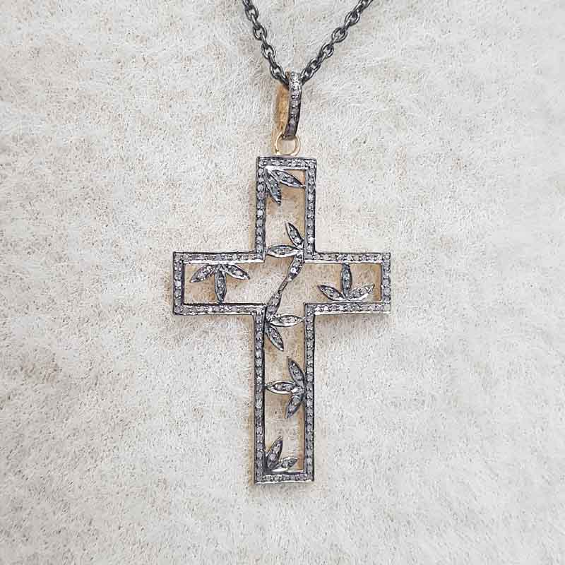 Unique Cross Pendent With Stylish Leaf Pendant, Cross With Many Flowers Necklace, Gift For Her, Him, Christmas Gift