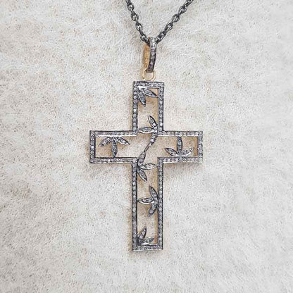 Unique Cross Pendent With Stylish Leaf Pendant, Cross With Many Flowers Necklace, Gift For Her, Him, Christmas Gift