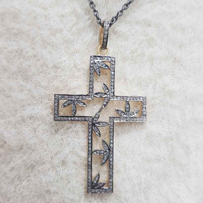 Unique Cross Pendent With Stylish Leaf Pendant, Cross With Many Flowers Necklace, Gift For Her, Him, Christmas Gift