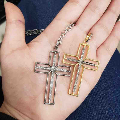 Pave Diamond Beautifully Designed Cross Style Pendant, Double Layers Cross Necklace, Gift For Her, Him