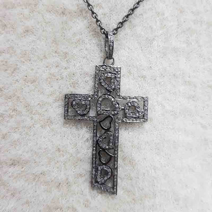 Graceful Looking Cross Pendant With Little Hearts Pave Diamond, Christen Symbol Cross Heart necklace, Silver Jewelry