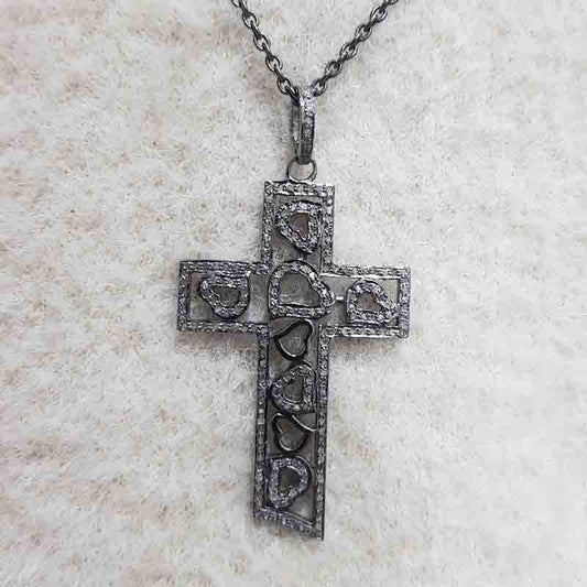 Graceful Looking Cross Pendant With Little Hearts Pave Diamond, Christen Symbol Cross Heart necklace, Silver Jewelry