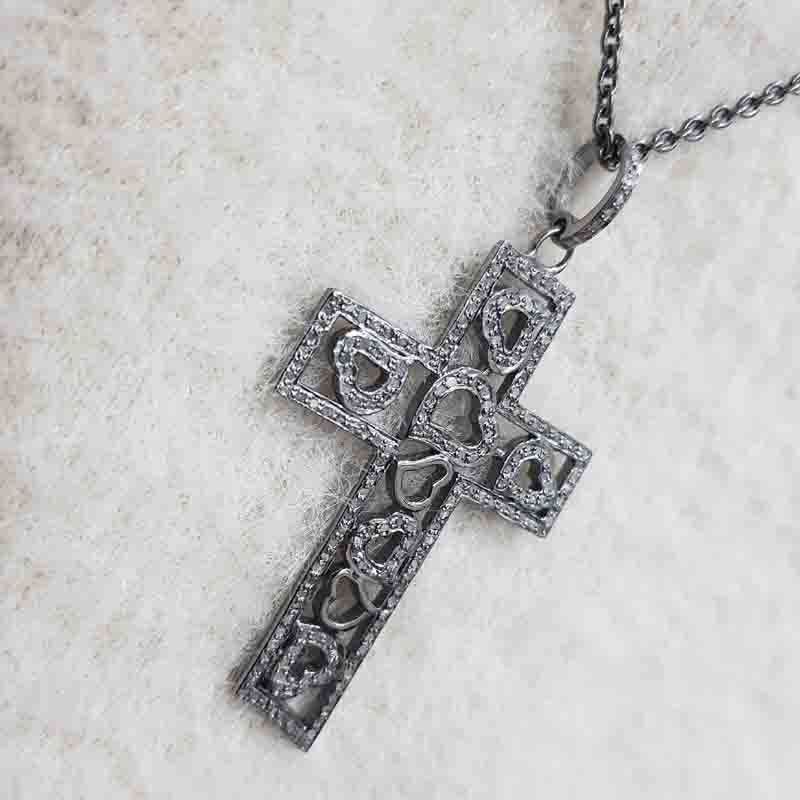 Graceful Looking Cross Pendant With Little Hearts Pave Diamond, Christen Symbol Cross Heart necklace, Silver Jewelry