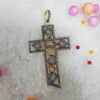 Graceful Looking Cross Pendant With Little Hearts Pave Diamond, Christen Symbol Cross Heart necklace, Silver Jewelry