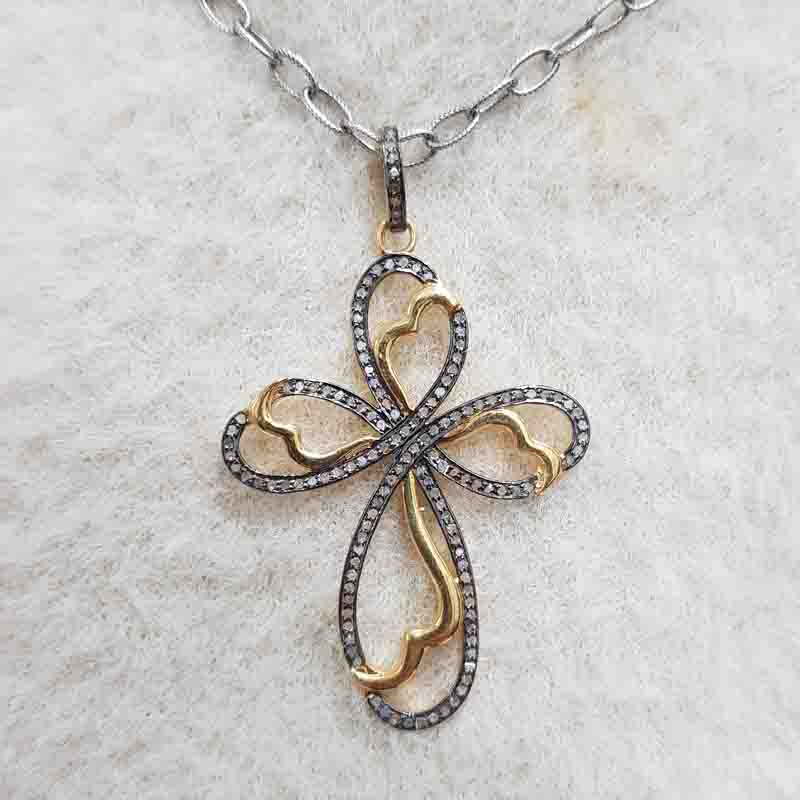 Unique Cross Style Pave Diamond Handmade Designer Pendant, Stunning Cross Necklace, Silver Jewelry