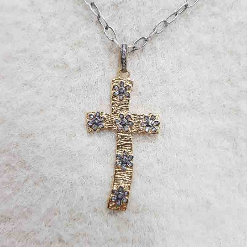 Cross pendant With Little Pave Flowers, Cutest Minimal Flower With Cross Necklace, Silver Jewelry