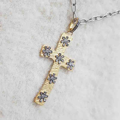 Cross pendant With Little Pave Flowers, Cutest Minimal Flower With Cross Necklace, Silver Jewelry