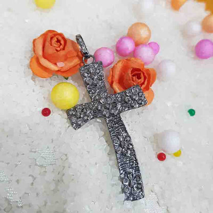 Cross pendant With Little Pave Flowers, Cutest Minimal Flower With Cross Necklace, Silver Jewelry