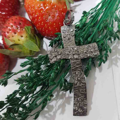 Cross pendant With Little Pave Flowers, Cutest Minimal Flower With Cross Necklace, Silver Jewelry