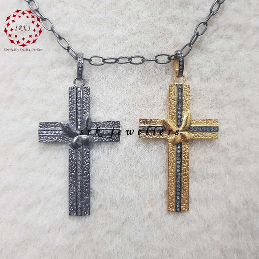 Attractive Pave Diamond Handmade Cross Pendant, Small Butterfly Cross Necklace, Gift For Someone