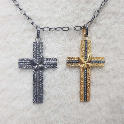 Attractive Pave Diamond Handmade Cross Pendant, Small Butterfly Cross Necklace, Gift For Someone