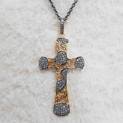 Elegant Yellow And Black Cross Pendant Pave Diamond Sterling Silver, Silver Jewelry