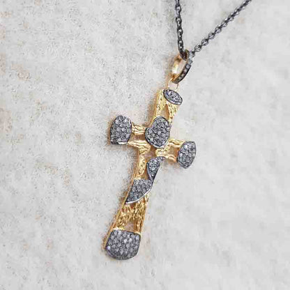 Elegant Yellow And Black Cross Pendant Pave Diamond Sterling Silver, Silver Jewelry