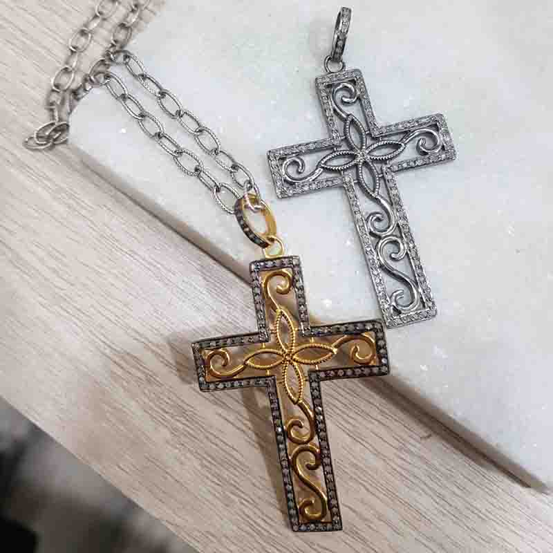 925 Solid Sterling Silver Natural Pave Diamond Cross Style Pendant, Gift For Lover