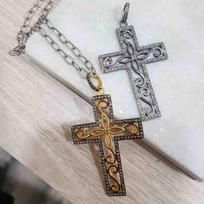 925 Solid Sterling Silver Natural Pave Diamond Cross Style Pendant, Gift For Lover