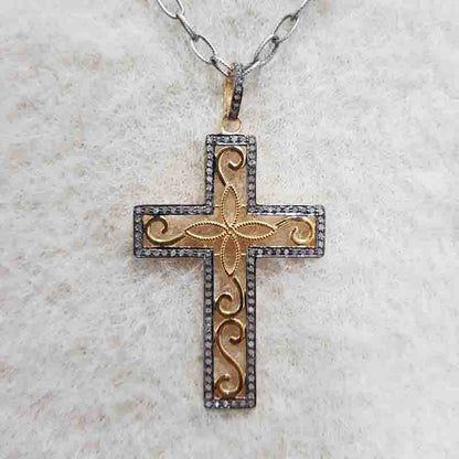 925 Solid Sterling Silver Natural Pave Diamond Cross Style Pendant, Gift For Lover