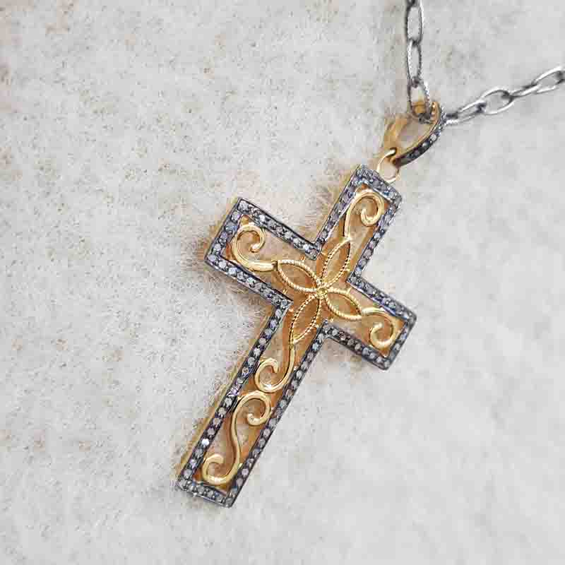 925 Solid Sterling Silver Natural Pave Diamond Cross Style Pendant, Gift For Lover