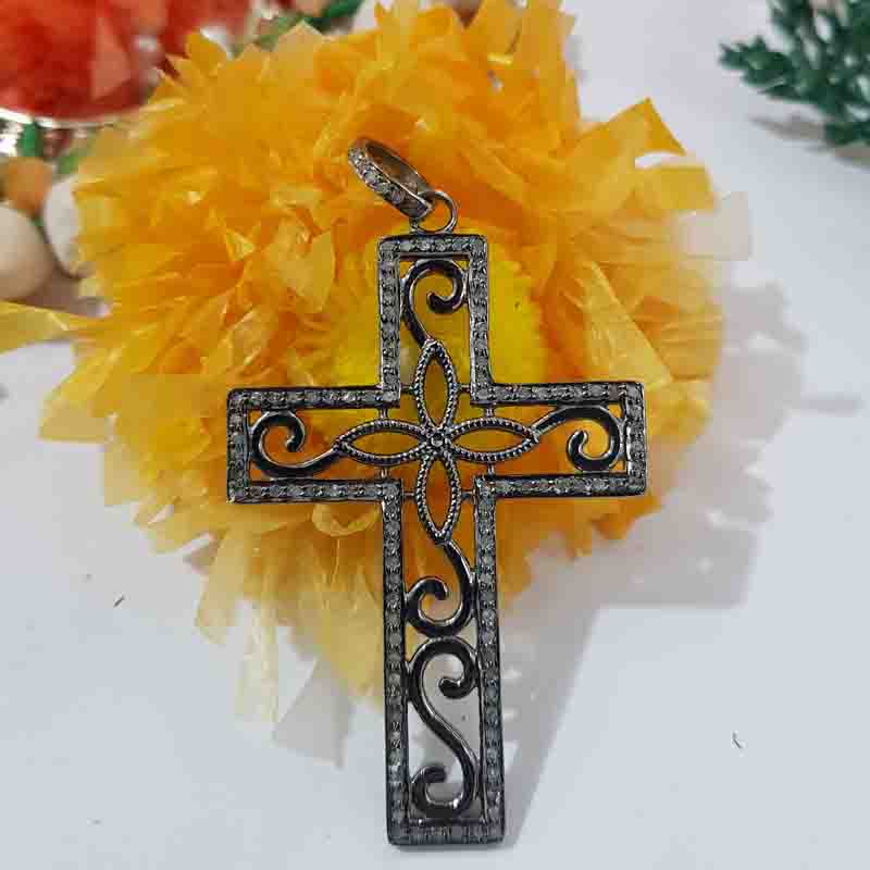 925 Solid Sterling Silver Natural Pave Diamond Cross Style Pendant, Gift For Lover