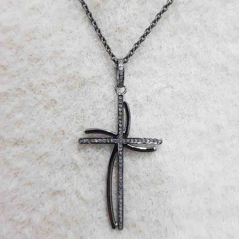 Cross Pendant Antique Finish Designer And Pave layers, Double Stylish Cross Design necklace, Silver Jewelry