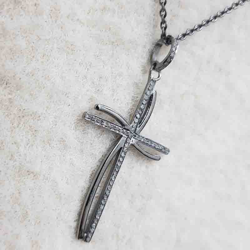 Cross Pendant Antique Finish Designer And Pave layers, Double Stylish Cross Design necklace, Silver Jewelry