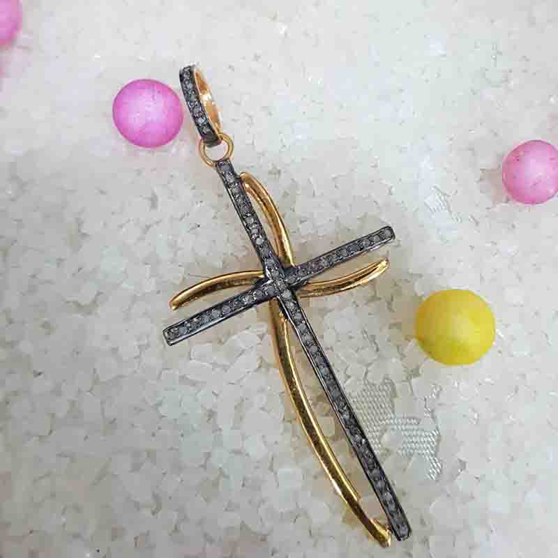 Cross Pendant Antique Finish Designer And Pave layers, Double Stylish Cross Design necklace, Silver Jewelry