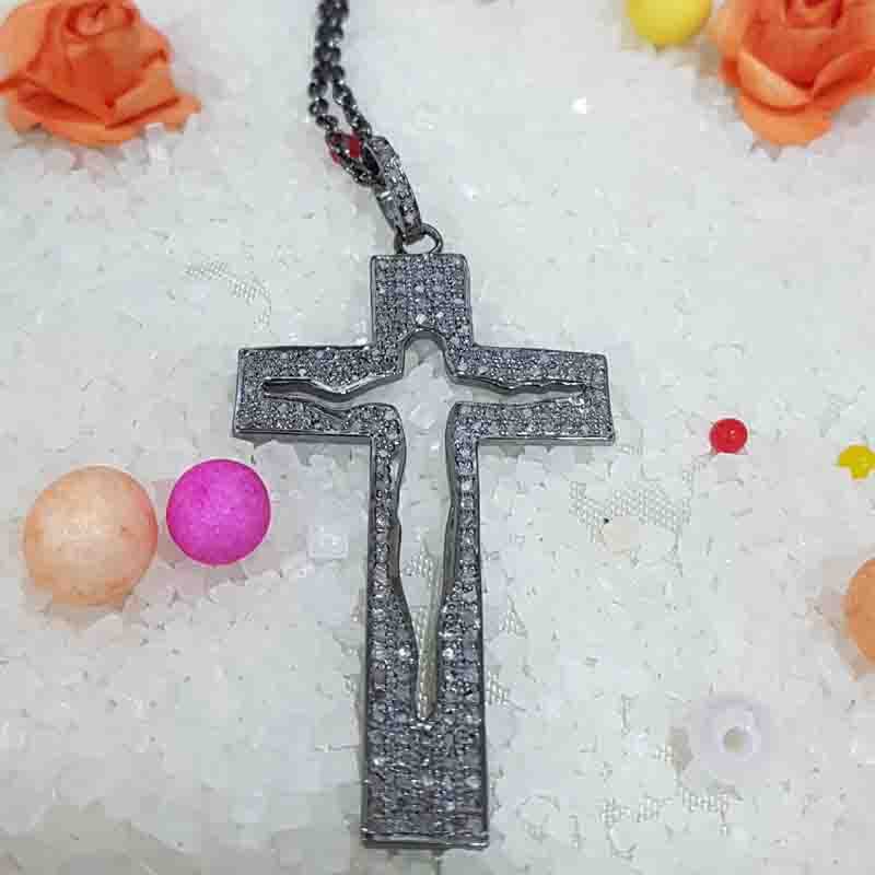 Jesus Cross Designer Pave Diamond Silver Pendant, God Blessing Cross Necklace, Silver Jewelry