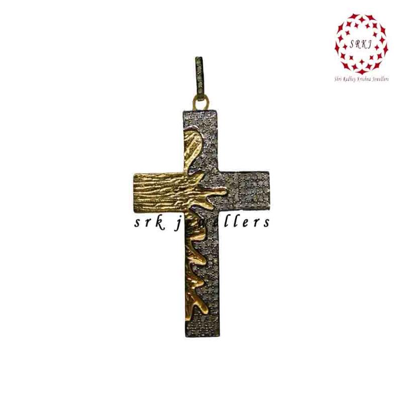 Yellow And Black Fancy Style Cross Pendant With Pave Diamond layers, Silver jewelry