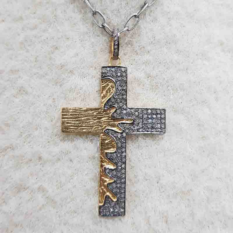 Yellow And Black Fancy Style Cross Pendant With Pave Diamond layers, Silver jewelry