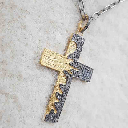 Yellow And Black Fancy Style Cross Pendant With Pave Diamond layers, Silver jewelry