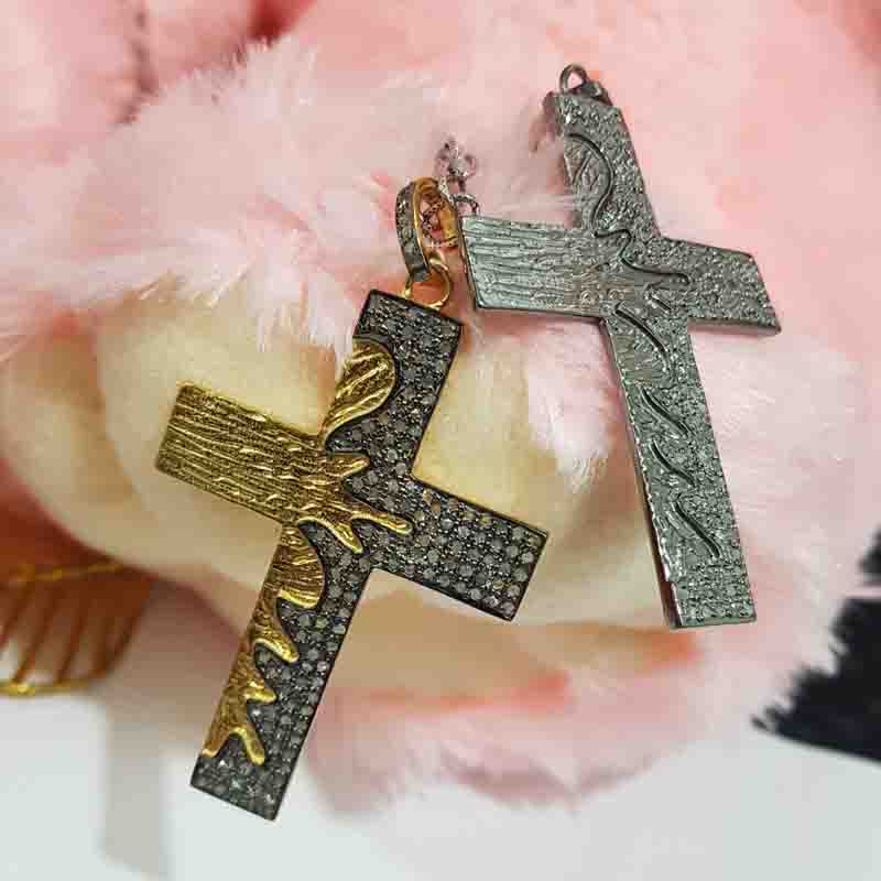 Yellow And Black Fancy Style Cross Pendant With Pave Diamond layers, Silver jewelry