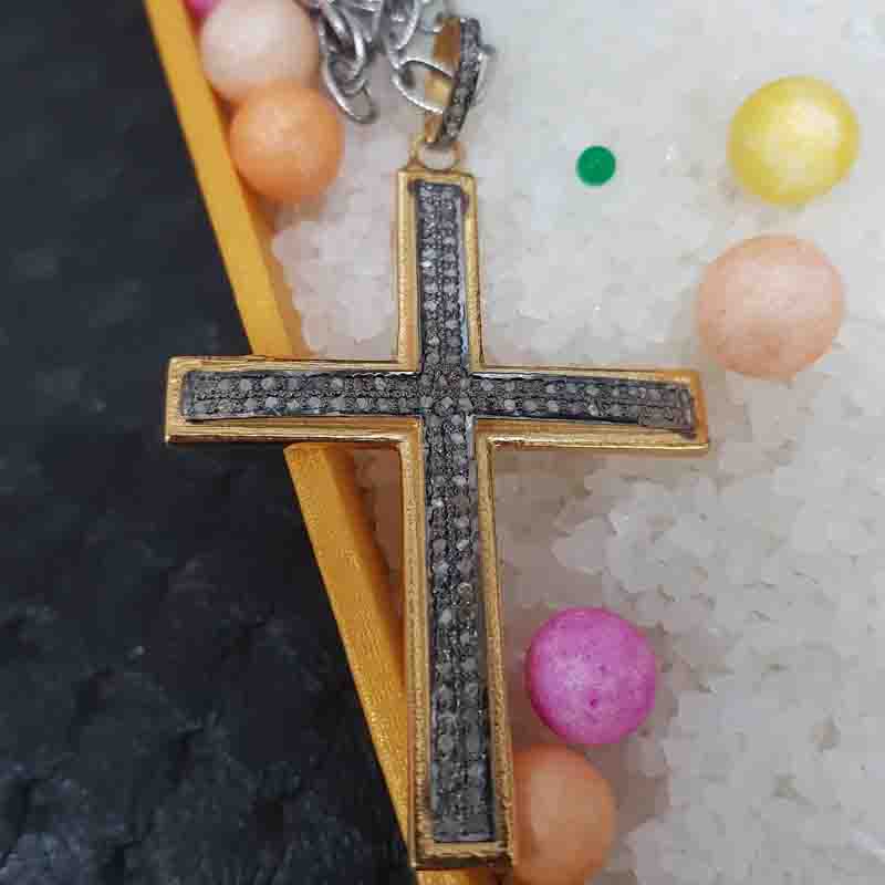 Yellow And Black Beautiful Fancy Designer pave Diamond Cross pendant, Silver Jewelry