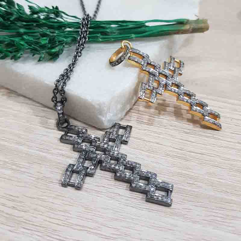 Fancy Designer Pave Diamond 925 Sterling Silver Cross Pendant, Classic Cross Necklace, Silver Jewelry