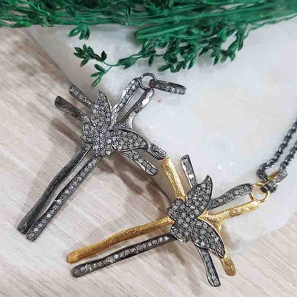 Beautiful Pave Diamond Butterfly Designer Cross Style pendant, Silver Jewelry