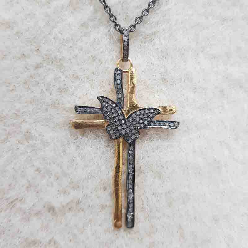 Beautiful Pave Diamond Butterfly Designer Cross Style pendant, Silver Jewelry