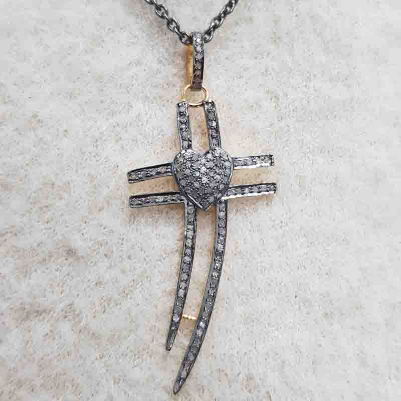 Fancy Pave Diamond Heart Designer Cross pendant, Small Heart Cross Necklace, Gift For Lovers