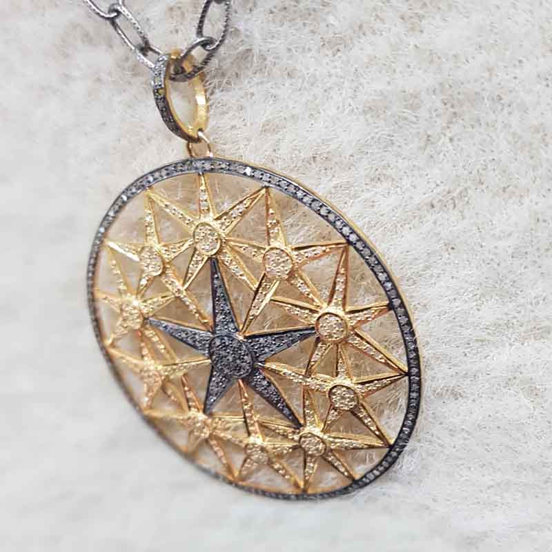 Yellow And Black Stunning Round Starburst Pave Diamond Pendant, Shiny And Bright Sunburst, Gift For Love