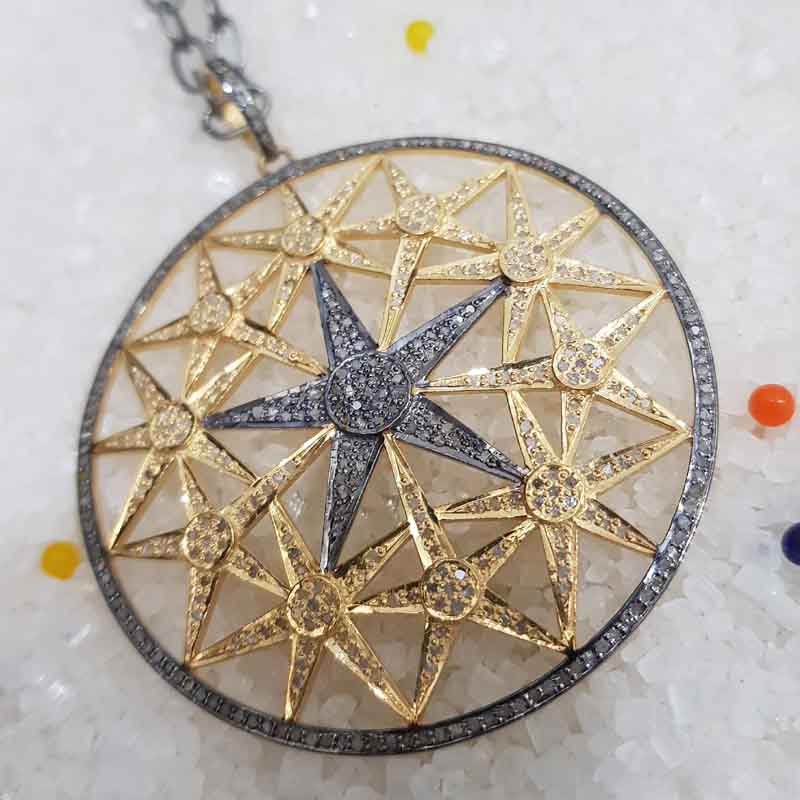 Yellow And Black Stunning Round Starburst Pave Diamond Pendant, Shiny And Bright Sunburst, Gift For Love