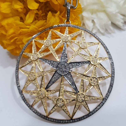 Yellow And Black Stunning Round Starburst Pave Diamond Pendant, Shiny And Bright Sunburst, Gift For Love