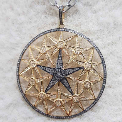 Yellow And Black Stunning Round Starburst Pave Diamond Pendant, Shiny And Bright Sunburst, Gift For Love