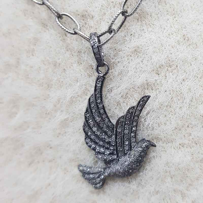 Black Beautiful Little Bird Pave Diamond 925 Sterling Silver Pendant, Bird Necklace, Gift For Her, Him