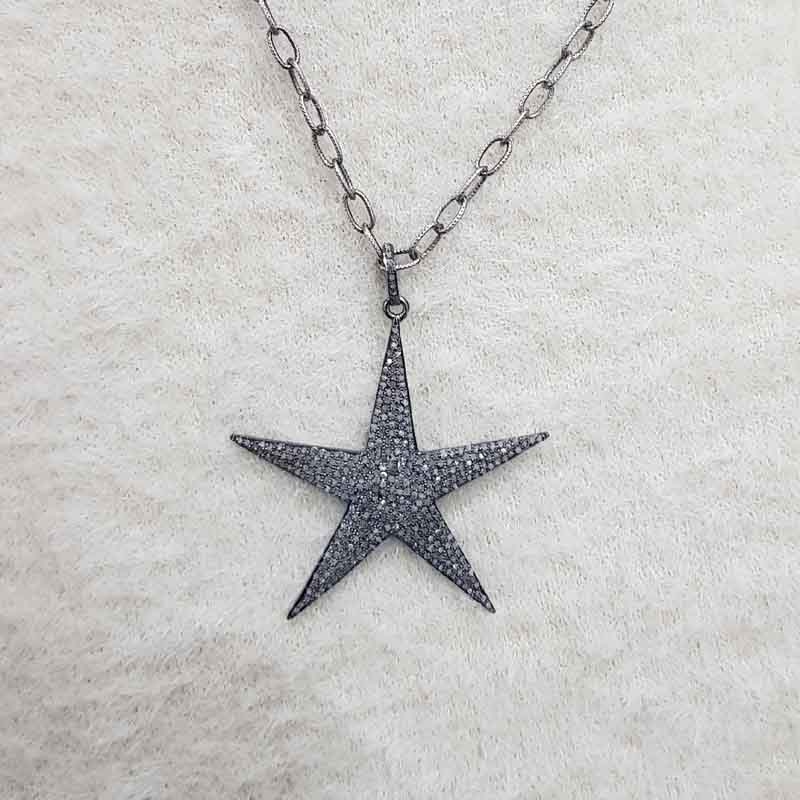 Elegant Black Fully Natural Pave Diamond Star Pendant, unique Star Necklace, Gift For Someone