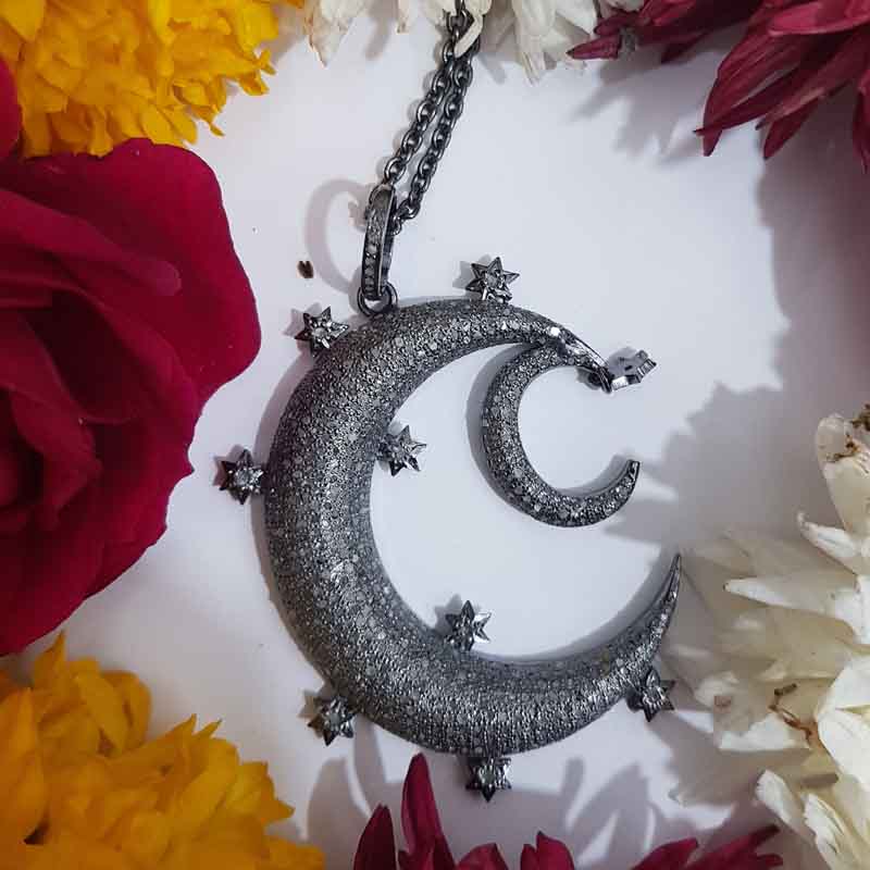 Glorious Fancy Designer Handmade Style Moon Star Pendant, Fully Shiny Moon Necklace, Gift For Special One