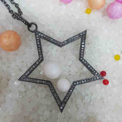 Sterling Silver Handmade Pave Diamond Designer Star Pendant, Open Star Necklace, Silver Jewelry