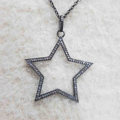 Sterling Silver Handmade Pave Diamond Designer Star Pendant, Open Star Necklace, Silver Jewelry