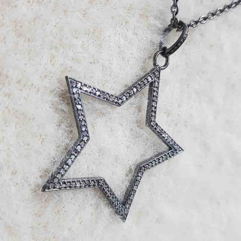 Sterling Silver Handmade Pave Diamond Designer Star Pendant, Open Star Necklace, Silver Jewelry